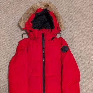 Red Hooded Puffer Jacket with Detachable Hood